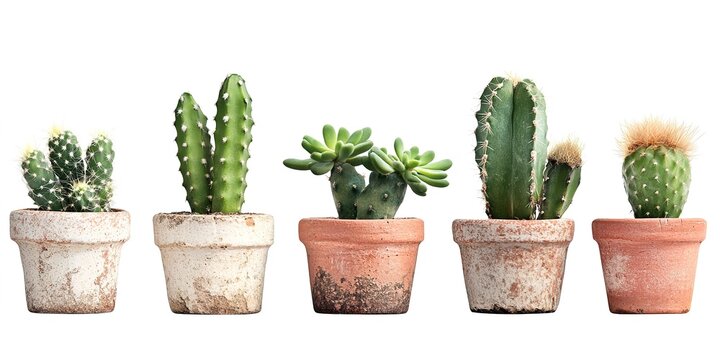 Collection of ric rac mini cactus plant on terracotta pot cutout isolated on white background 