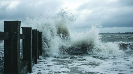 A close-up of waves crashing over a storm-beaten pier, with splashing water and rugged structures illustrating the impact of severe weather conditions