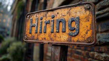 A rustic weathered metal sign with the word Hiring in bold letters is displayed against an industrial and possibly urban background, indicating job opportunities