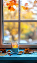 burning candle in autumn in the window