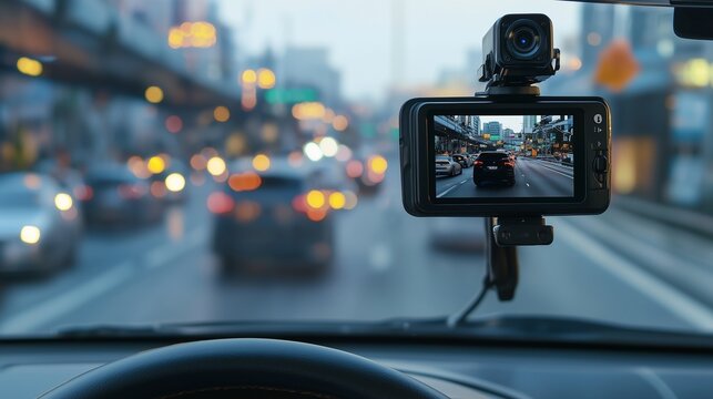 Dash cam installed on a car windshield capturing traffic on a busy city street.