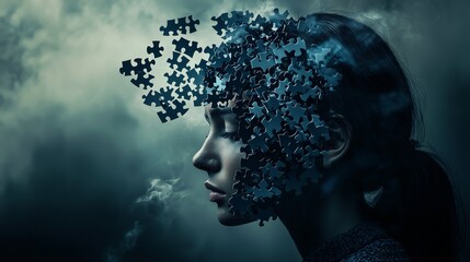 A woman's head fragmented into puzzle pieces, symbolizing complexity and mental challenges. a man is present in the background.