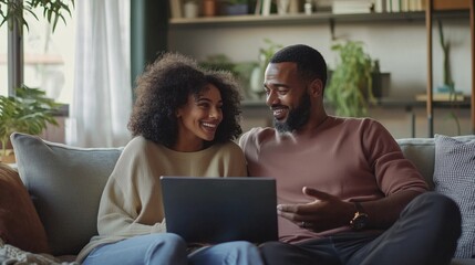 Young couple discussing finances with advisor, laptop on lap, cozy home setting.