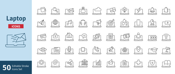 Laptop Line Editable Stroke Icons Set. PC, Computer Functions, Settings, Technology, Security, Shopping, Wallet, Marketing, Promotion, Communication Collection Vector Illustration.