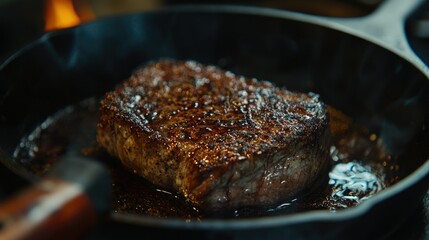 Fototapeta premium A detailed shot of a cast-iron skillet with a perfectly seared steak, showcasing the cooking surface and rich texture of the food, with a wooden handle in focus. -