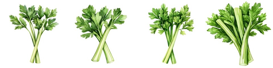 Fresh green celery stalks arranged in a row, showcasing vibrant color and crisp texture, perfect for healthy recipes.