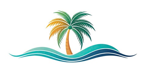 Fototapeta premium minimalist bold colorful modern graphic illustration depicting stylized palm tree logo incorporating subtle ocean wave pattern on clean white background