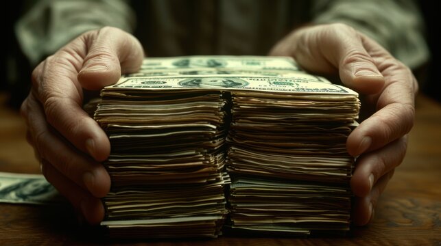 Someone holding a stack of money on a table with a lot of money