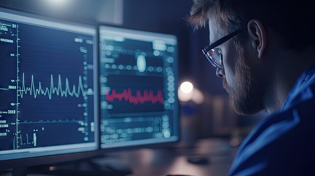 A detailed shot of a healthcare provider reviewing a patient heartbeat data on a computer screen, with focus on the ECG waveform and related metrics.