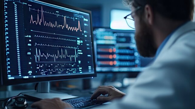 A detailed shot of a healthcare provider reviewing a patient heartbeat data on a computer screen, with focus on the ECG waveform and related metrics.