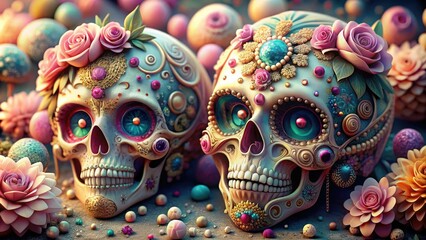 whimsical mexican caricature sugar skulls decorated with glittering gemstones and flowers pastel colors soft pink and blue hues delicate intricate details romantic atmosphere