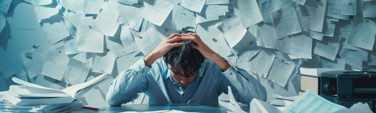 Man sitting at a desk with papers all over him, overworked person