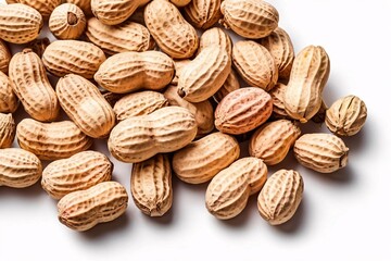 Close-up of peanuts in their shells scattered on a white background.