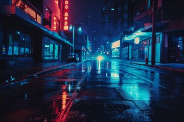 A solitary car’s headlights cut through mist on a quiet urban street at night, accentuating the moody and atmospheric ambiance of a serene city moment.