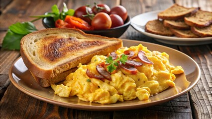 Fototapeta premium A warm and inviting photograph of a hearty breakfast plate, featuring scrambled eggs, crispy bacon, and whole-grain toast