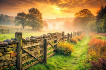 Obraz premium worn stone fence misty english countryside serene peaceful idyllic soft focus warm pastel colors dreamy ethereal whimsical romantic nostalgic fantasy
