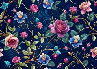 Dark blue background adorned with intertwining stems of elegant roses and orchids, creating a chic and refined pattern