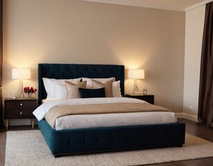 Stylish interior of contemporary bedroom with comfortable bed. Ai generated image