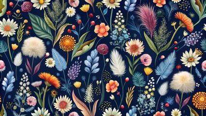 Fantastical, dreamlike pattern featuring a mix of wildflowers in soft, feathery textures and bold, geometric shapes on a dark blue background