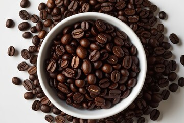 Obraz premium Bird's Eye View of Fresh Coffee Beans on a Pristine White Background