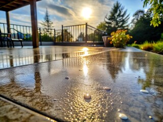 Fototapeta premium a photo image of a clean concrete patio surface after pressure washing treatment, with water droplets glistening in the morning sunlight