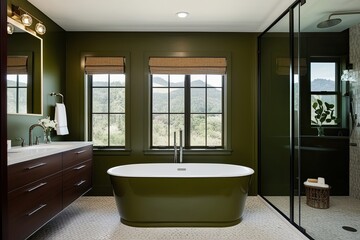 Fototapeta premium Trendy Olive Green Bathroom Retreat with Deep Soaking Tub and Sleek Furnishings