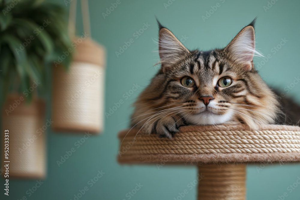 Poster a cat tree with a fluffy cat lounging on the top platform, isolated on a pastel green background,