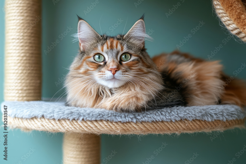 Poster a cat tree with a fluffy cat lounging on the top platform, isolated on a pastel green background,