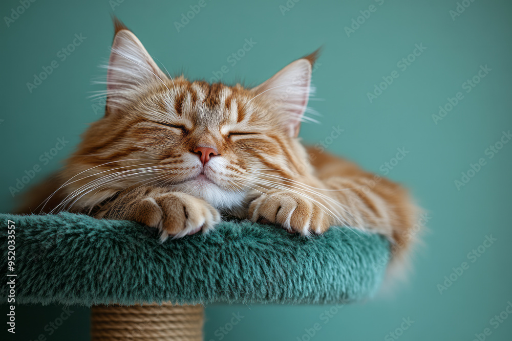 Poster a cat tree with a fluffy cat lounging on the top platform, isolated on a pastel green background,