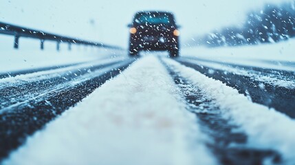 A car drives cautiously on a snow-covered road during a winter snowstorm, showcasing the challenges of icy driving conditions.