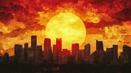 Fototapeta premium A detailed shot of the sun setting behind a city skyline, with buildings silhouetted against the colorful sky, emphasizing the contrast between urban life and natural beauty.