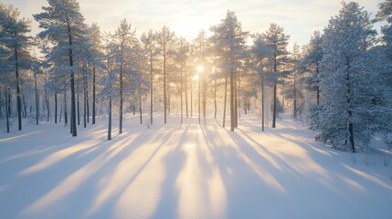 Naklejka premium A serene winter landscape with snow-covered trees casting long shadows on the pristine white snow.