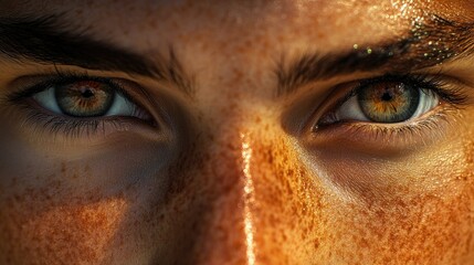 A detailed view of a face with expressive eyes and natural skin texture, emphasizing the emotions and individuality conveyed through facial features.