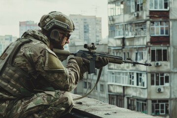 Fototapeta premium A soldier in camouflage attire aiming a rifle from a rooftop, with urban apartments in the background.
