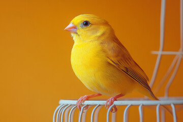 A birdcage with a small canary perched inside, isolated on a pastel orange background,