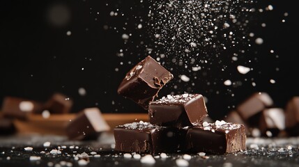 A close-up of dark chocolate squares with sea salt sprinkled on top. The chocolate is rich and decadent, and the salt adds a touch of sweetness.