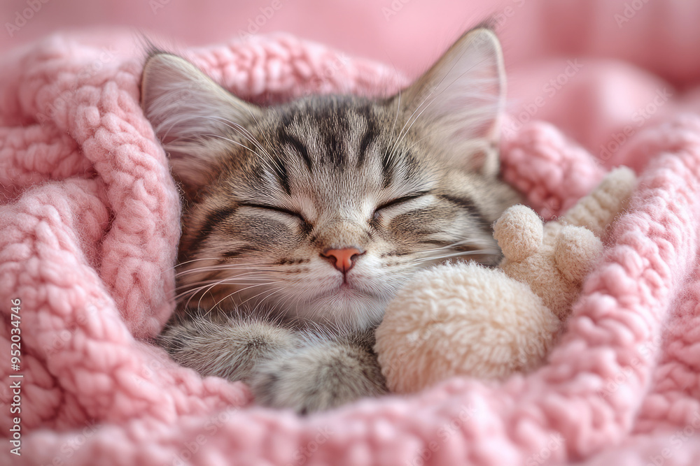 Poster a kitten cuddled up in a wool blanket with a soft toy beside it, isolated on a pastel pink backgroun