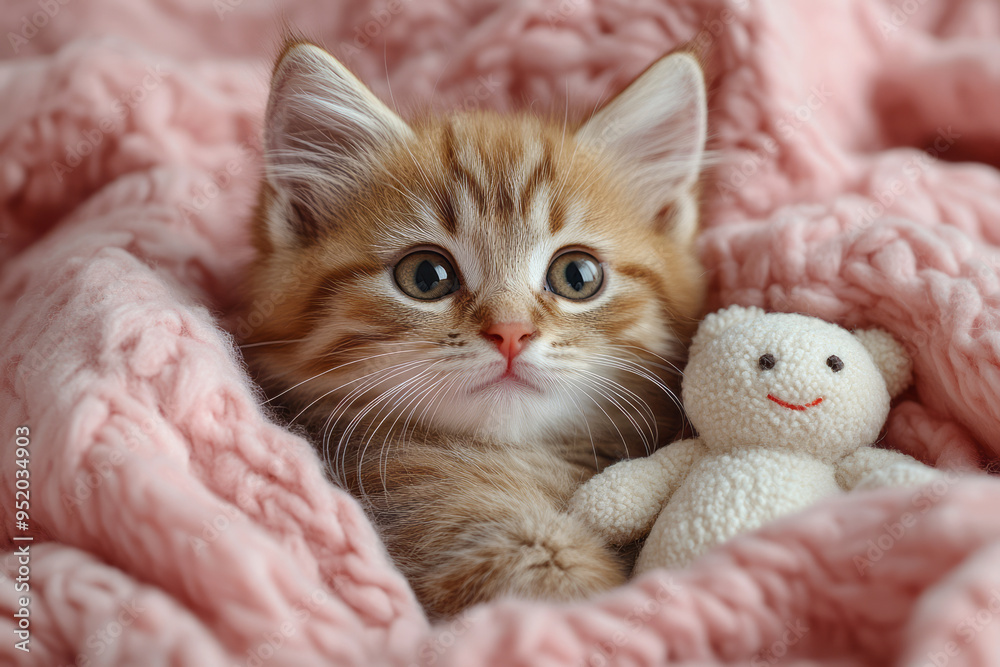 Poster a kitten cuddled up in a wool blanket with a soft toy beside it, isolated on a pastel pink backgroun