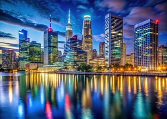 Obraz premium Vibrant Nighttime Cityscape Urban Renewal Reflections Futuristic Glass Towers Majestic Illuminated Skyscrapers Downtown Waterfront Rebirth