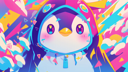 cute penguin character wearing anime onesie costume, anime style, cute kawaii, simple, smiling happy. neon psychedelic background