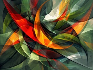 Obraz premium Abstract painting with vibrant red, orange, and green hues, creating a dynamic and layered composition.