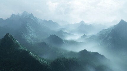 A misty mountain range with layers of ridges fading into the distance, creating a sense of mystery and depth in the landscape.