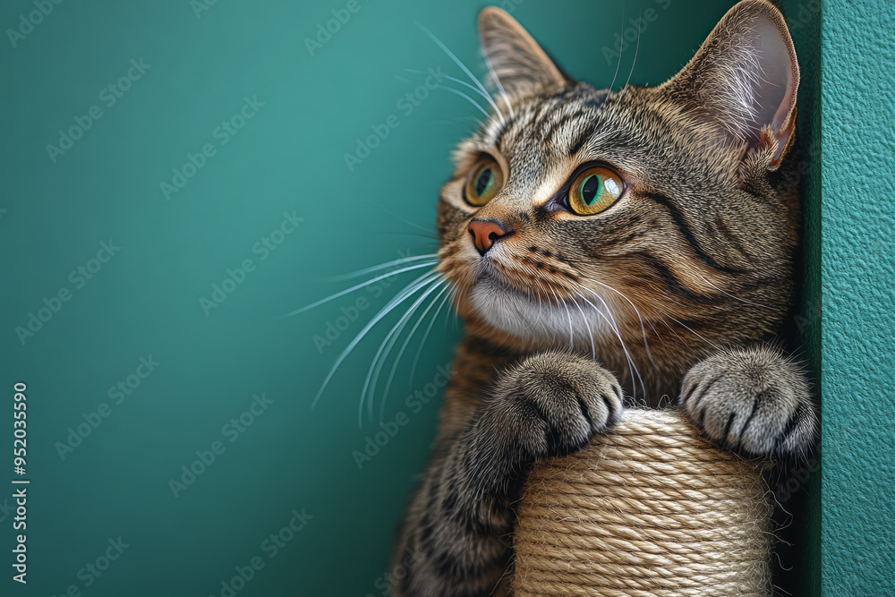 Poster A cat scratching post with a cat actively sharpening its claws, isolated on a pastel green background,