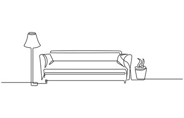 Continuous one line drawing of couch or sofa with lamp and potted plant. Modern furniture simple linear 