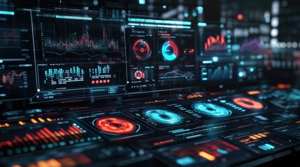 Obraz premium A panoramic view of a 3D data visualization dashboard, with various 3D graphs and charts displayed on a high-tech interface, showcasing a comprehensive analysis.