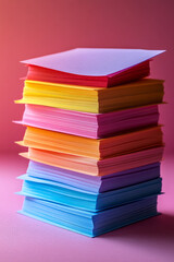 A stack of colorful sticky notes with reminders and tasks written on them, isolated on a pastel pink background,