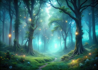 Mysterious Enchanted Forest eerie twilight misty atmosphere soft greenish blue hues subtle texture whimsical magical quality haunting mysterious intimate wilderness