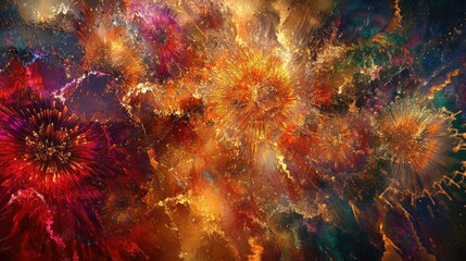 A panoramic view of a fireworks show with multiple explosions in the sky, creating a vibrant and colorful display of light and patterns against the night sky.