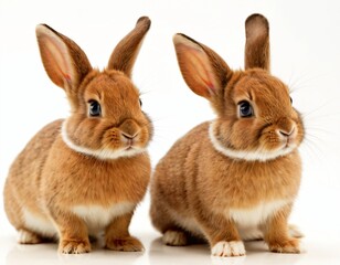 Fototapeta premium Adorable baby rabbit bunnies brown looking at something sitting over isolated white background. Puppy lovely furry infant brown bunny ears rabbit playful with copy space. Ai generated image.