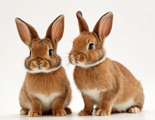 Adorable baby rabbit bunnies brown looking at something sitting over isolated white background. Puppy lovely furry infant brown bunny ears rabbit playful with copy space. Ai generated image.